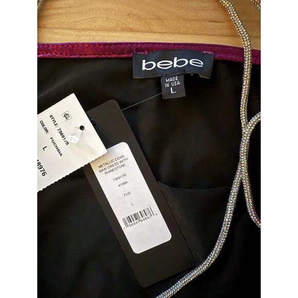 NWT Bebe Metallic Cowl Neck Dress Rhinestone Straps Purple L - Picture 3 of 3